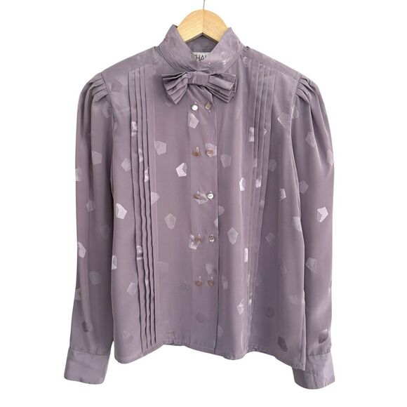 Chaus Vintage Womens Petite Blouse 6P Purple Pleated Bow Tie Button Up Coquette - Picture 1 of 13